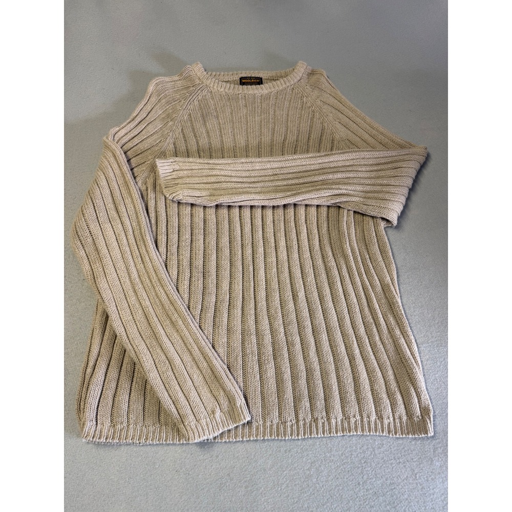 Woolrich Mens XL Ribbed Knit Sweater Tan Beige Raglan Sleeve Crew Neck Heavy